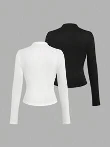Sweetra Maglietta casual a maniche lunghe, slim fit, comoda, con collo a giro, tinta unita, per donne taglie forti - Bianco e nero - Visualizzare 2