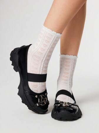 Goth Damen Schleifen Runde Zehenkappe Plateau Ballerinas, PU Material, Schwarz mit Schnallen Design, geeignet für Sport, Abschluss, Fotografie