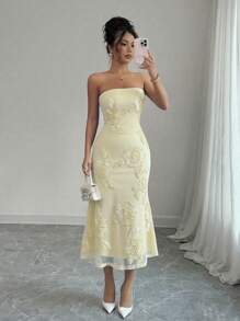 Rafferiza Váy không tay họa tiết hoa 3D phong cách nghỉ dưỡng dành cho nữ - Màu vàng - Xem 6