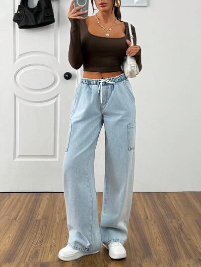 EURMUSE Damskie elastyczne spodnie jeansowe z luźnymi nogawkami