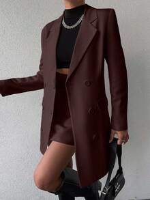 EURMUSE Women's Casual Solid Color Double-Breasted Suit Set - Brown - View 4
