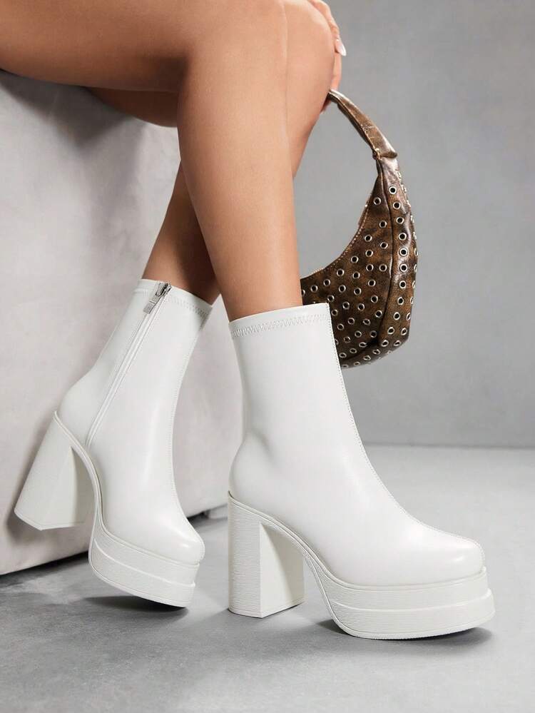 CUCCOO SZL Women Round Toe Thick Heel Elastic Ankle Boots, Fashion Minimalist Beige Ankle Boots - White - View 7