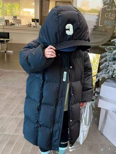 Young Girl Solid Color Hooded Cotton Padded Jacket, Mid-Length Kids Winter Coat Boys Winter Coat Girls Winter Coat Long Puffer Jacket Kids Puffer Coat Fall