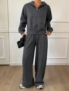 DAZY 女士连帽卫衣和阔腿裤两件套，秋季女士运动套装家居服套装 - 深灰色 - 查看 6
