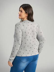 SHEIN LUNE 大码女式灰色蝴蝶结针织圆领T恤 - 灰色 - 查看 2