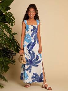 SHEIN Tween Girl Woven Leaf Pattern Square Neck Ruffle Hem Casual Dress - White - View 4