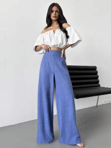 Firerie 女士休闲高腰长款阔腿裤，蓝色，适合沙滩装、机场装， - 藍色 - 查看 10