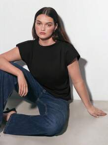 Maija 2025 加大码女式纯色中式立领褶皱不对称下摆垫肩无袖上衣，职业通勤装 - 黑色 - 查看 4