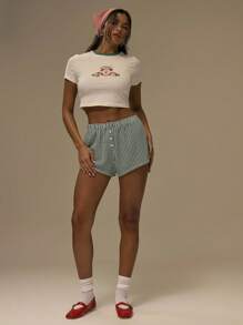 MUSERA Tricou scurt cu imprimeu, guler contrastant, strâmt, drăguț, casual, grafic, tricou streetwear, festival, toamnă, boho, stil rustic