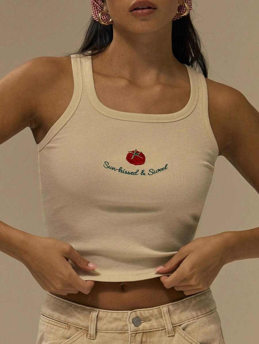 MUSERA 刺绣番茄“阳光亲吻，甜蜜”修身背心，可爱休闲印花上衣，街头风，适合节日、农舍等场合，优雅春夏假日风。 - 卡其色 - 查看 1
