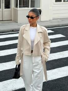 SHEIN EZwear Chaqueta corta casual con cremallera y cuello para mujer - Albaricoque - Ver 1