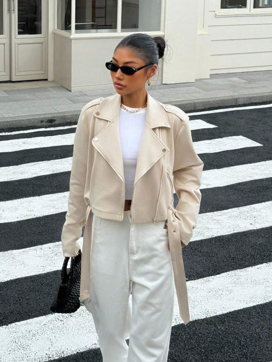 SHEIN EZwear Chaqueta corta casual con cremallera y cuello para mujer - Albaricoque - Ver 1