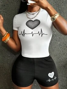 Rovax 夏日心形印花修身短款上衣和裙子套装，非常适合情人节和浪漫派对 - 黑與白 - 查看 1