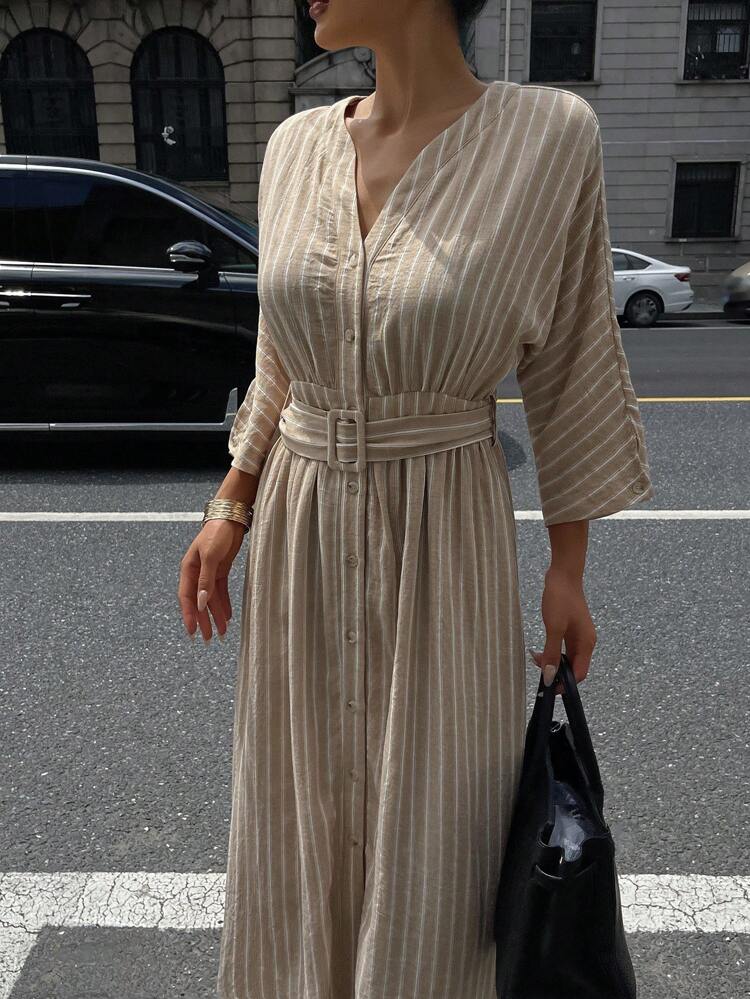 Dotted Striped Design V-Neck Waist Cinched Long Dress For Women Maxi Dress