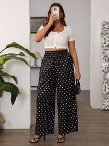 SHEIN Tall CURVE Plus Size Women's Waist Drawstring Polka Dot Print Wide Leg Loose Pants Fall Cloth For Women