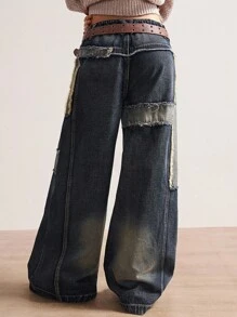 Bohemela Women's Casual Loose Woven Wide-Leg Jeans Patchwork Jeans Wide Leg Jeans Women Jeans Denim Pants - Blue - View 7