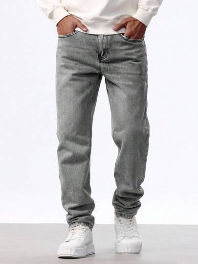 Manfinity Homme Plus Size Men's Light Grey Casual Straight Leg Jeans, All Season Grey Jeans Men Grey Stacked Jeans Men