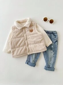 SHEIN 男婴可爱休闲秋冬多功能加厚保暖背心，男女通用婴儿服装，婴儿冬季服装，儿童秋季外套