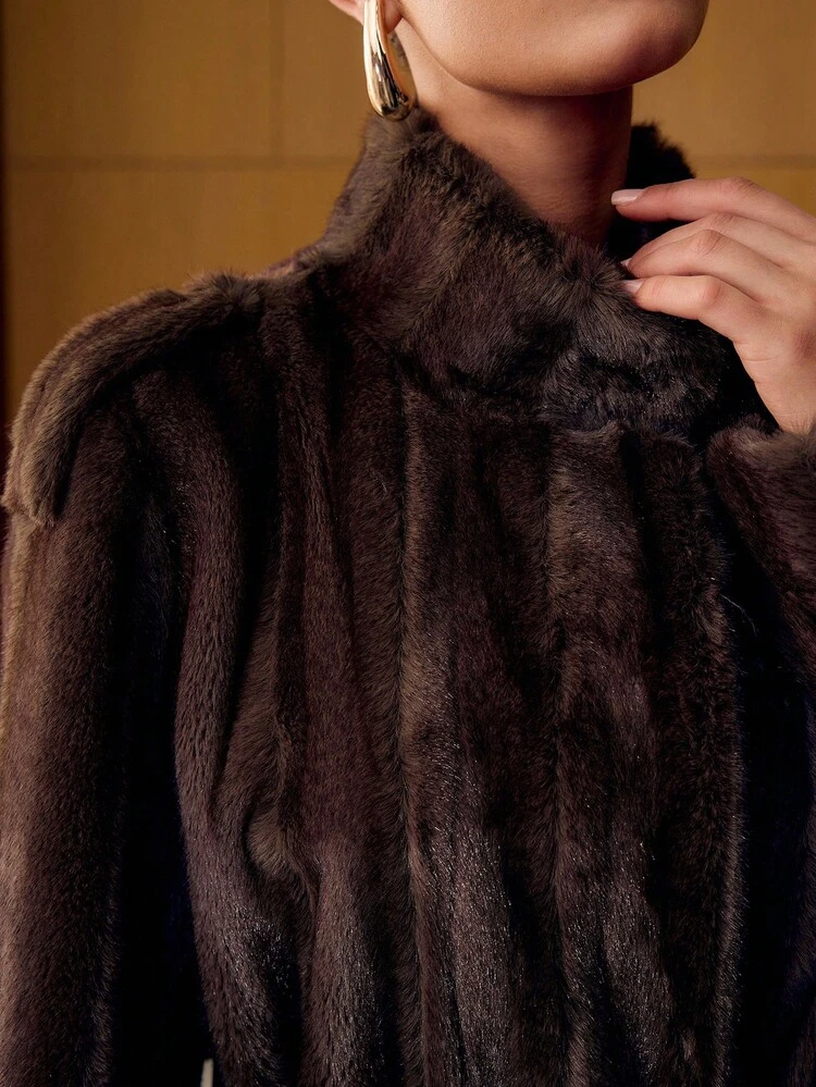 STAND COLLAR BELTED FAUX FUR COAT