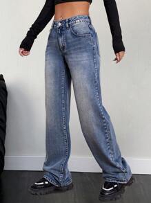 SHEIN EZwear 斜口袋闊腿牛仔褲