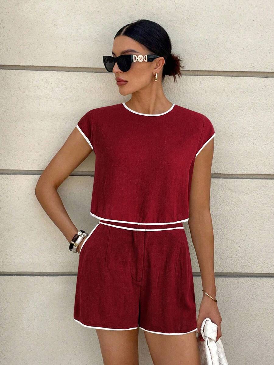 Siren Gaze Ensemble short femme d'été de couleur unie avec bordure contrastée, tenue 2 pièces en lin pour femmes - Rouge foncé - Voir 1