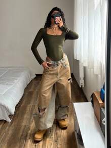 StreetHx 女士长袖紧身衣，棕色，修身剪裁，简约百搭，通勤适用 - 軍綠色 - 查看 3