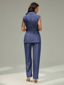 Modelyn 女士优雅竹节腰带两件套，时尚设计，适合春、夏、秋季 - 藍色 - 查看 3