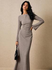 Poéselle Women's Dresses Knitted Dresses Backless Women's Long Dresses Long Sleeve Dresses Basic Dresses Lounge Dresses Brown Dresses Women's Solid Color Round Neck Raglan Sleeve Fitted Dress Fall Clothes For Women Autumn Clothes Fall Outfits For Women Women's Winter Clothes Fall Dresses For Women Winter Dress Women Dresses For Women Casual