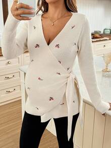 SHEIN 孕妇休闲刺绣系带裹身毛衣，秋冬 - 白色 - 查看 5