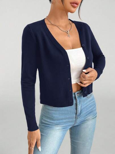 SHEIN PETITE 女士纯色长袖单排扣休闲薄款开衫 秋冬藏青色开衫