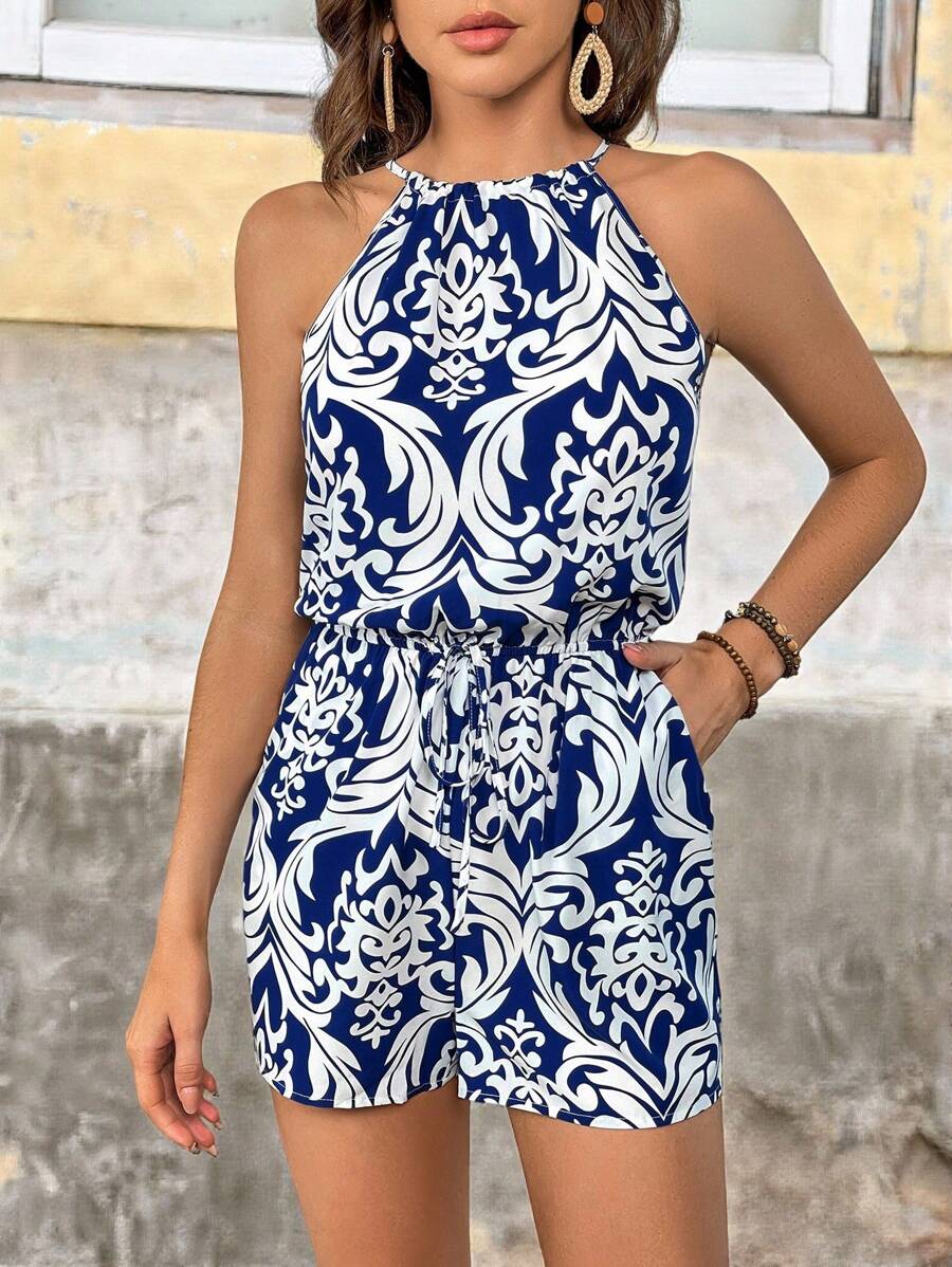 Brillora 滿版印花繞頸斜口袋吊帶連體短褲 - 藍白色 - 查看 1