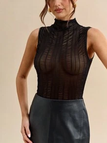 SHEIN BAE 黑色纯色性感简约立领无袖修身透视蕾丝连体衣，适合毕业派对、正式场合、鸡尾酒会、浪漫约会、秋冬打底衫、聚会、夜总会、万圣节、圣诞节 - 黑色 - 查看 8