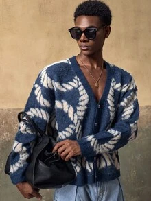 AKNOTIC Men's Casual Fashion - Loose Button - Cardigan Sweater - Contrast Jacquard - Machine Washable Or Dry Clean - Suitable For Autumn/Winter - Navy Blue - View 7