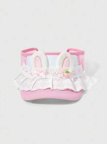 ROMWE Kawaii 1 件粉色和白色可爱蝴蝶结蕾丝兔耳装饰棒球帽，适合女士，简约露顶太阳帽 - 粉色 - 查看 1