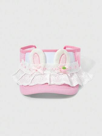 Kawaii 1pc Pink And White Cute Lovely Bowknot Lace Rabbit Ear Decor Baseball Cap For Women, Minimalist Open Top Sun Hat