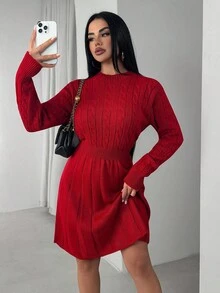 EURMUSE Vestido curto de malha com decote redondo casual, cor sólida, malha plissada, formato A, para o Natal - Vermelho - Ver 6