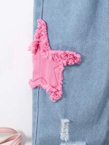 SHEIN 年轻女孩休闲柔软舒适度假时尚街头水洗可爱星星刺绣日常穿着无弹力修身锥形牛仔裤，轻盈春秋 - 淺色水洗藍 - 查看 4