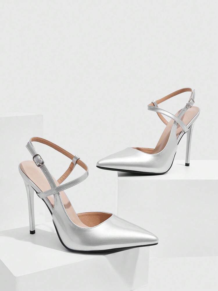 CUCCOO SZL シルバー ポインテッドトウ ステレッタヒール セクシー ファッション クラブウェア パーティー ランウェイ ハイヒール スリングバック パンプス レディース