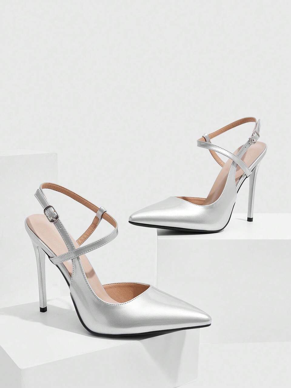 CUCCOO SZL Silver Pointed Toe Stiletto Heel Sexy Fashion Clubwear Party Runway High Heel Slingback Pumps For Women For Christmas