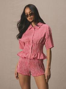 MUSERA 翻领宽松短袖束腰纽扣上衣，可爱复古，适合度假、90年代、Y2K风格、春假、工作、日常休闲、节日、户外、优雅夏季穿着。 - 彩色 - 查看 2