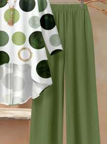 SHEIN RusticEase Bộ 2 áo thun dài tay cổ tròn rộng rãi và quần dài cho nữ, trang phục mùa hè, họa tiết hình tròn - Nhiều màu - Xem 4