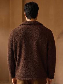 HIMLAND 男士休闲蓬松翻领宽松落肩长袖抓绒外套，棕色泰迪熊外套，男士羊羔绒外套，秋季时尚大地色系，冬季