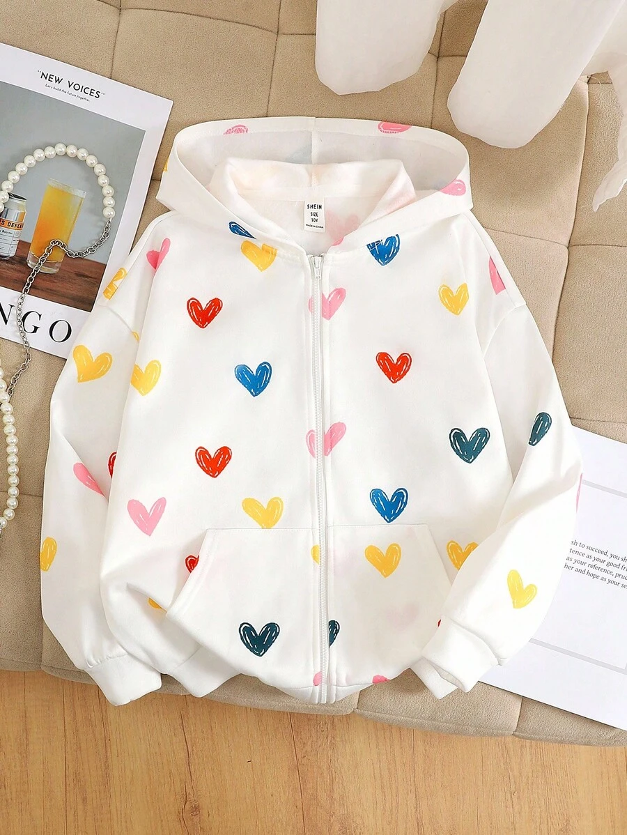 SHEIN 少女彩色爱心印花拉链连帽宽松保暖卫衣/外套,适合居家、户外和上学穿着,秋冬季节。 - 彩色 - 查看 1