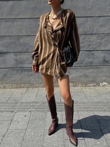 DAZY Vintage Vertical Striped Loose Fit Asymmetric Collar Long Sleeve Shirt Fall,Winter - Brown - View 8