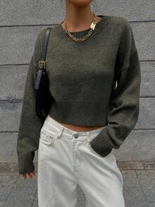 DAZY Loose Fit Cropped Pullover Sweater For Women, Versatile New Style Fall - Army Green - View 8