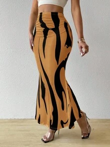 BamGleam Women's Printed Ruched Waist Mermaid Maxi Skirt Fall Cloth For Women - Ginger - View 3