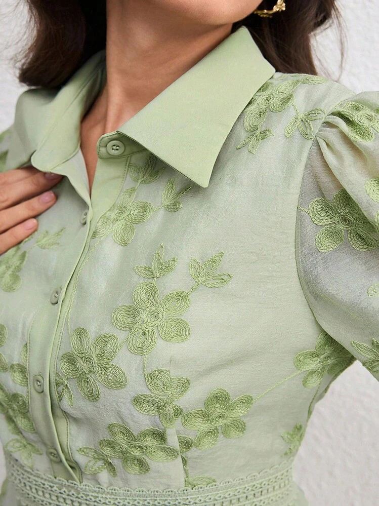 Modelyn Plus Size Turndown Collar Waist Drawstring Embroidered Green Dress - Green - View 5
