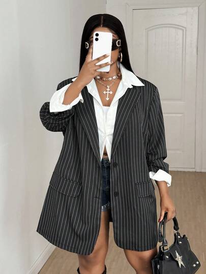 Maweii Plus-Size Women's New Year Striped Blazer Jacket