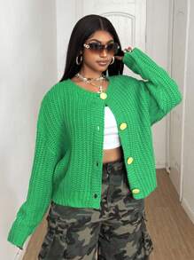 Maweii Plus Size Women Casual Loose Fit Round Neck Drop Shoulder Long Sleeve Single-Breasted Knit Cardigan Fall Winter Cloth For Women