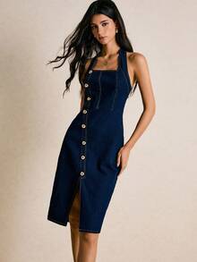 Poéselle 女式纯色前扣开衩挂脖牛仔连衣裙 - 深色水洗藍 - 查看 5